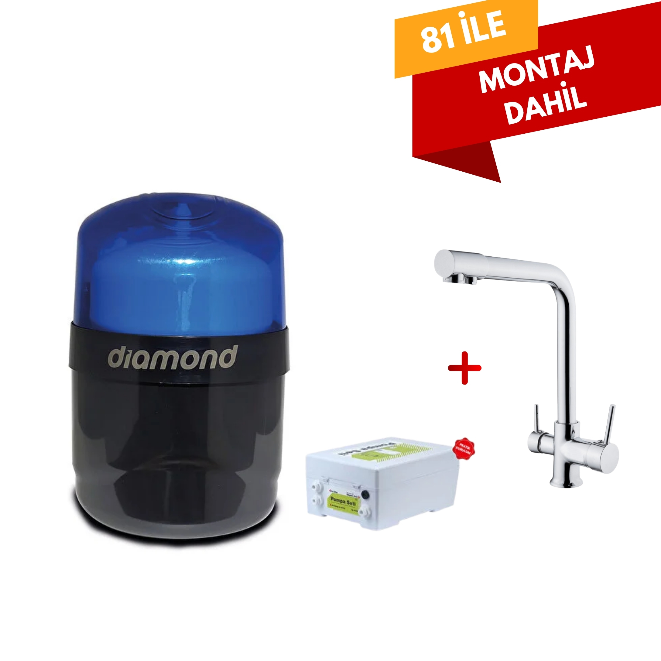 Pera Water Diamond Kapalı Kasa Pompalı Purefer Filtreli 6 Aşamalı Alkali Su Arıtma Cihazı + Arıtma Çıkışlı Krom L Batarya
